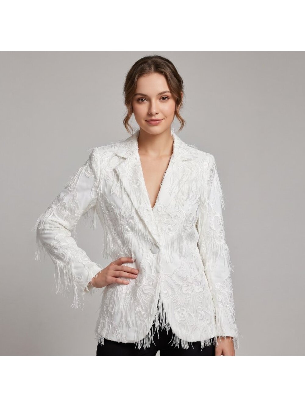 Fashion Nova Women's Dolly White Fringe Blazer with Lace in size Medium $219.99